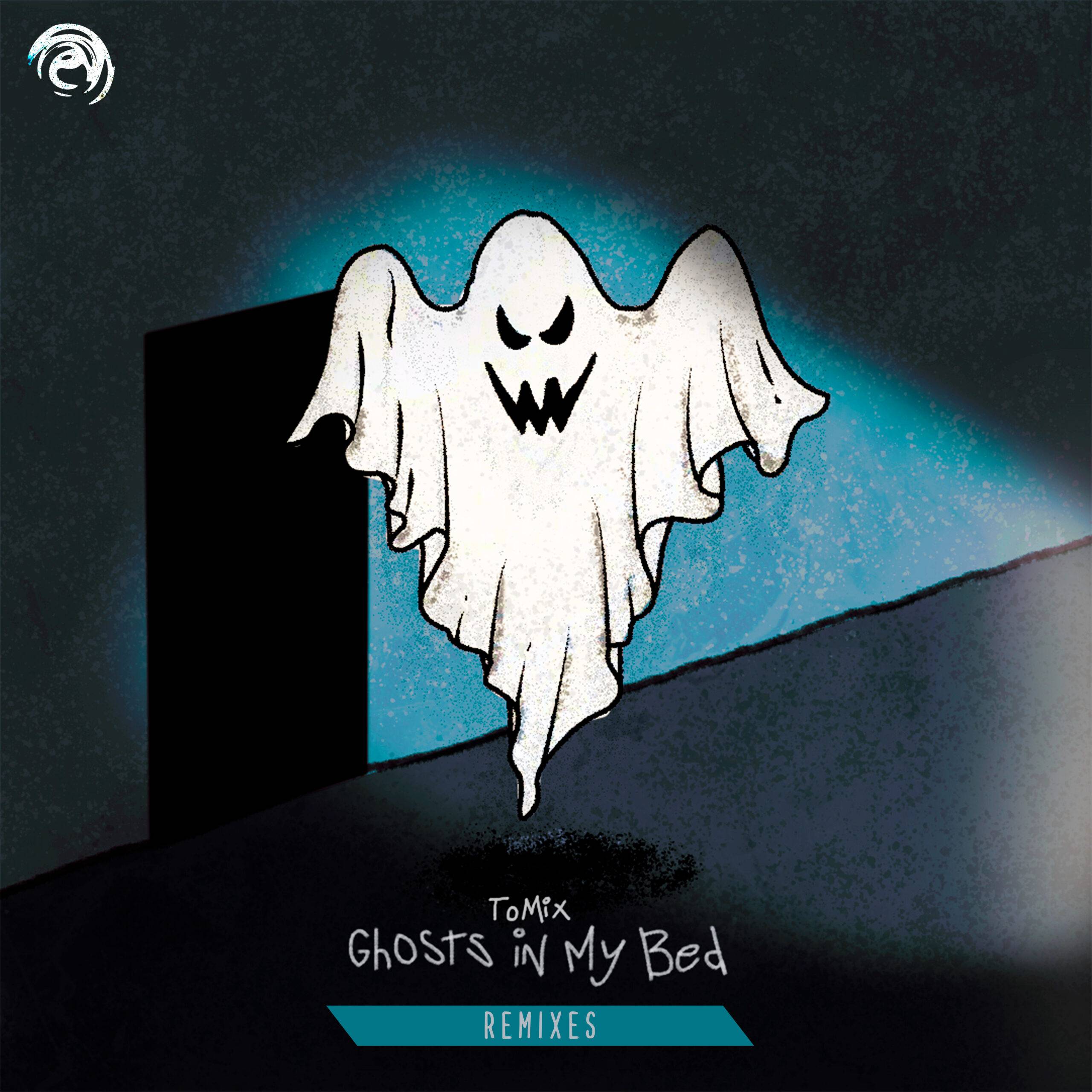 Artwork for 'Ghosts In My Bed - The Remixes' by ToMix. features a ghost inside a blue house, outside of an empty bedroom.