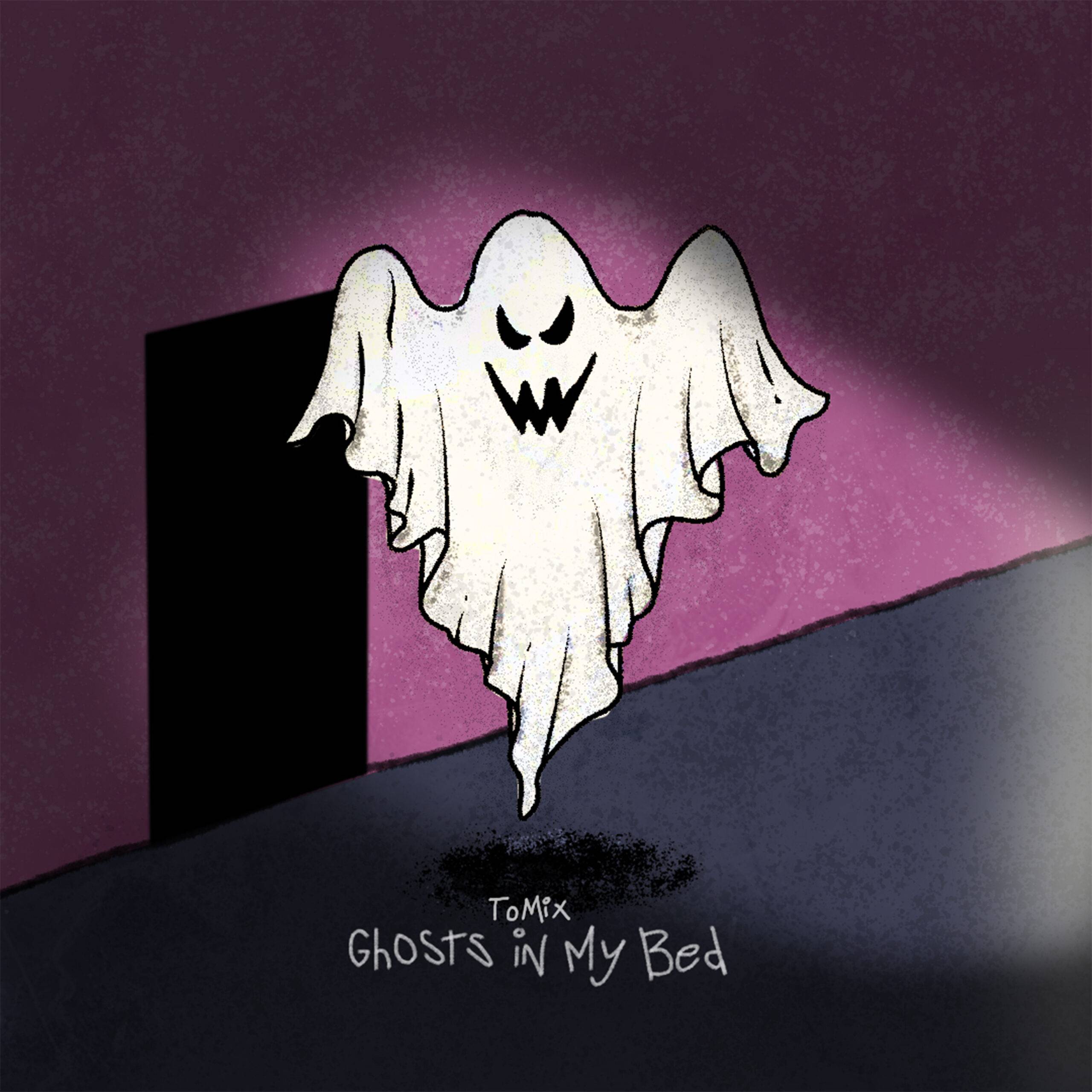Artwork for 'Ghosts In My Bed' by ToMix. features a ghost inside a purple-pink house, outside of an empty bedroom.